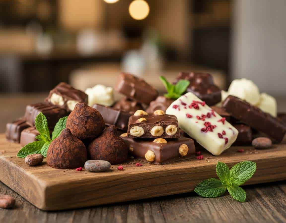 Weiße Schokolade und Schokolade mit Nüssen und dunkle Schokolade Weiße Schokolade und Schokolade mit Nüssen und dunkle Schokolade