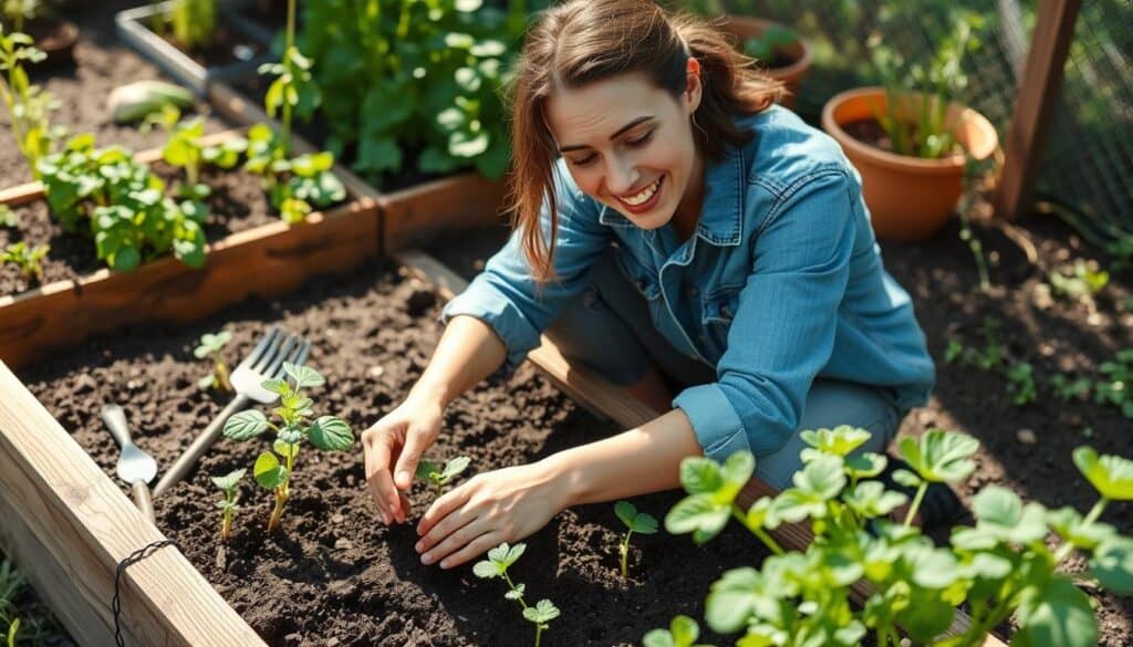 Anfänger beim Bio Gärtnern in einem kleinen Hochbeet