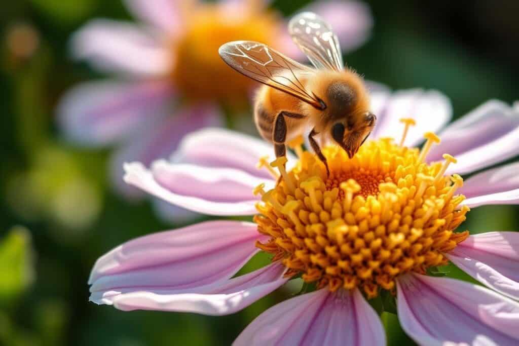 Biene auf einer Blüte im Biogarten zeigt die positive Umweltwirkung