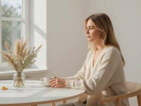 Frau sitzt achtsam am Tisch mit Tee – Slow Living Morgenroutine