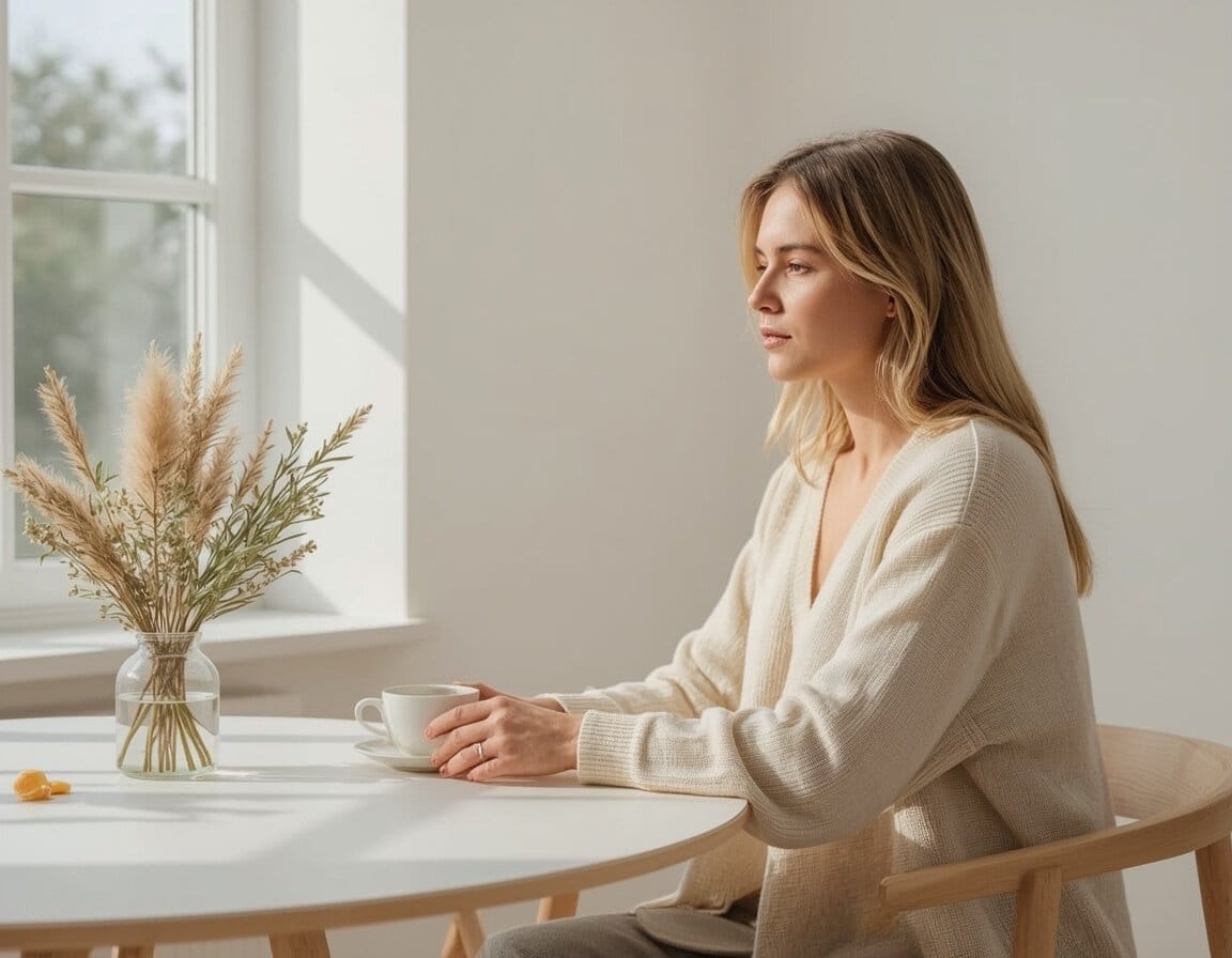 Frau sitzt achtsam am Tisch mit Tee – Slow Living Morgenroutine