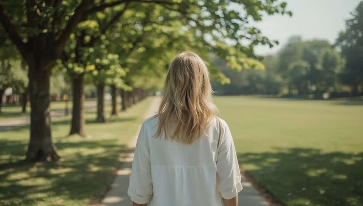 Frau spaziert achtsam durch sonnigen Park – Slow Living in der Natur