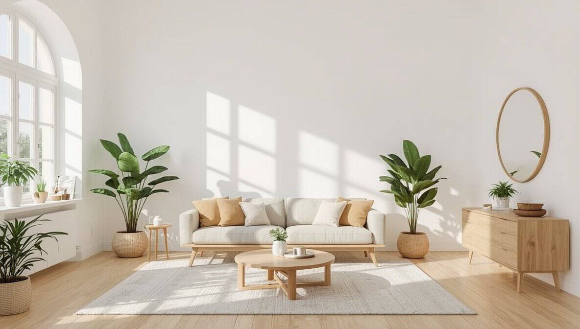 Minimalistisches helles Wohnzimmer mit Pflanzen – Slow Living Zuhause